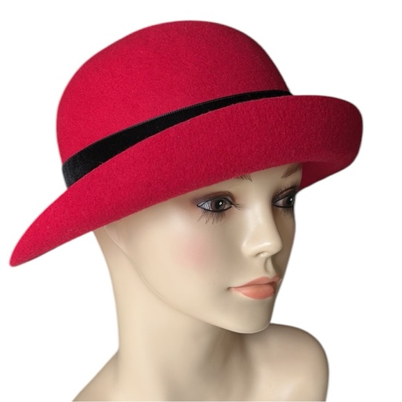 LAURA ASHLEY Vintage 80s Red Wool‎ Felt Hat Bowler Cloche UK Made Mother & Child main image 11